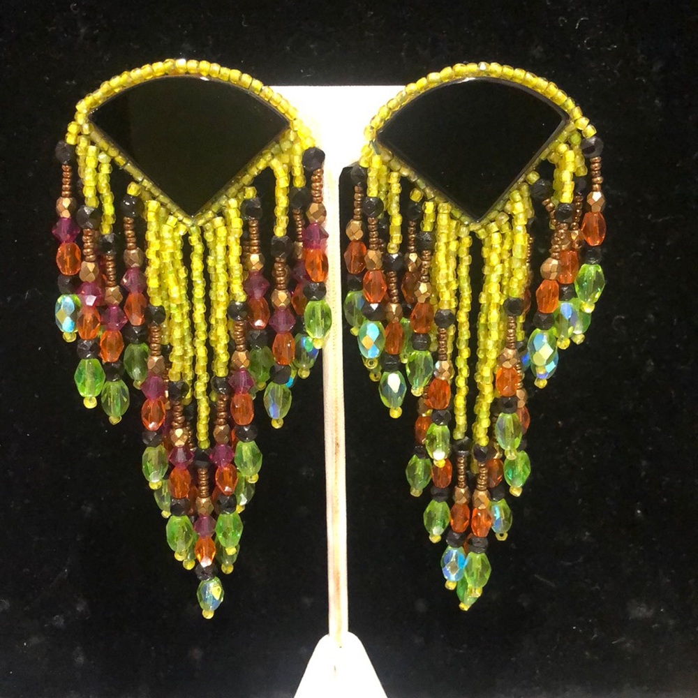 Vintage HandBeaded Statement Crystal Fringe Earrings, Boutique
